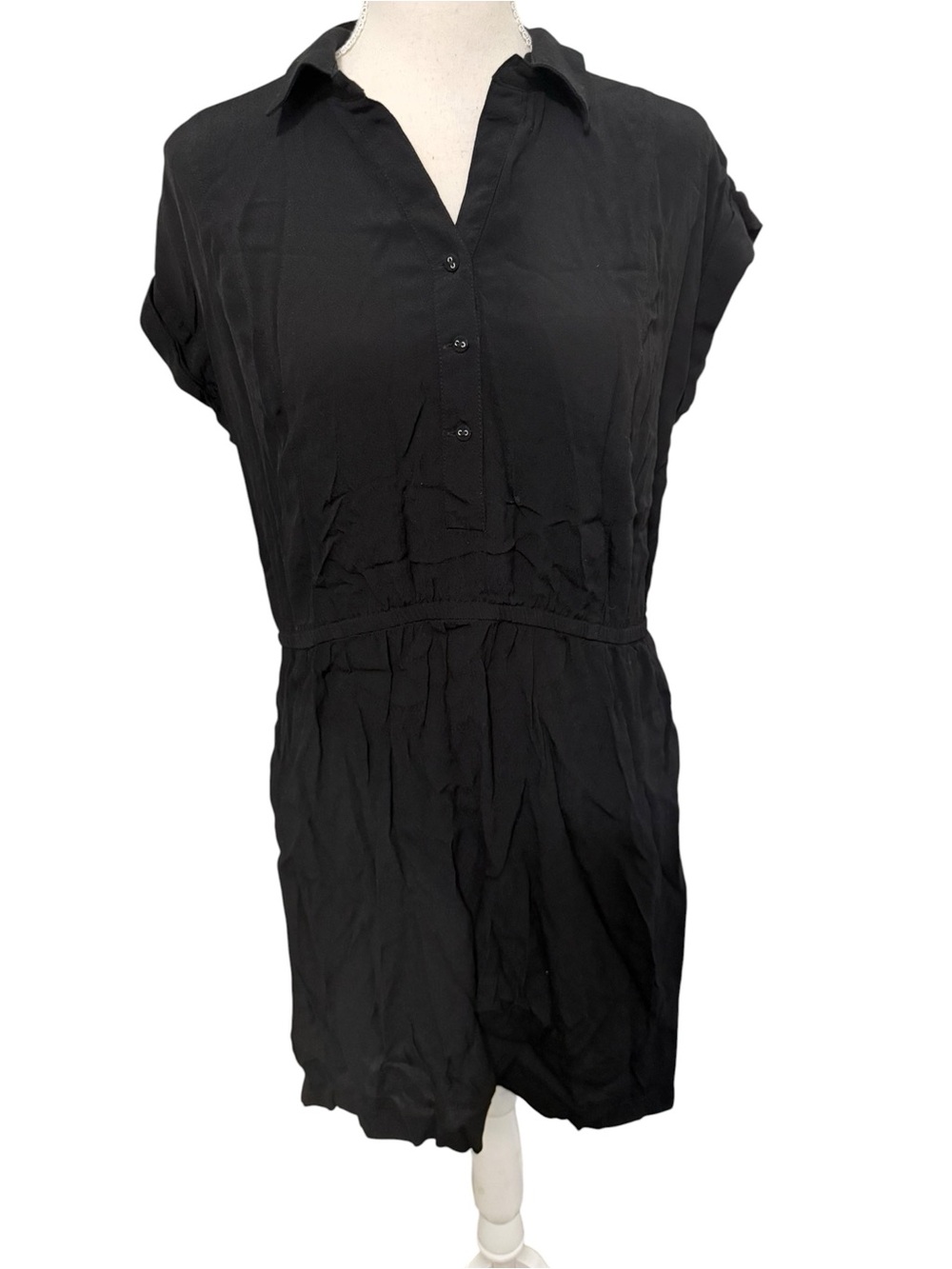 Ann Taylor LOFT‎ Black Rayon Shirt Dress Short Sleeve Elastic Waist Size 10